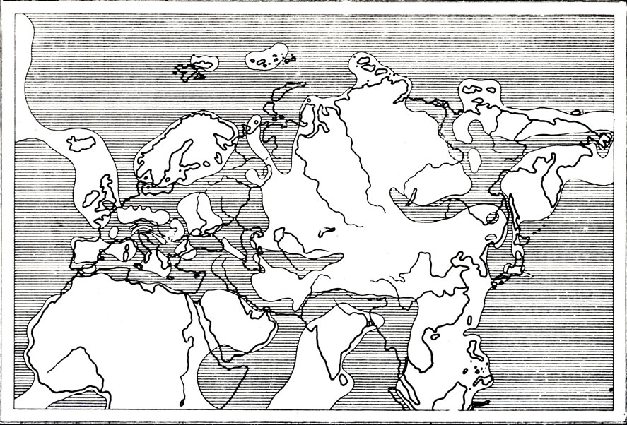Рис. 61. Схематическая палеогеографическая карта верхнеюрского времени (по Термье, 1952)