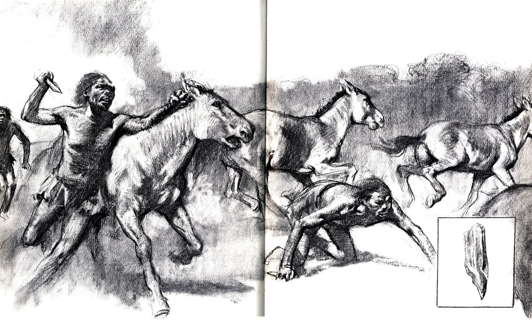 Храбро вцепившись в лошадиную гриву, охотник поражает свою жертву кинжалом (врезка) - заостренной костью какого-то животного. Он и его товарищи используют удобный случай - лошади в панике бегут от пожара (задний план)