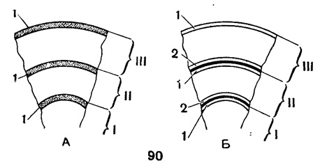 Рис. 90. А-Б. Схема строения стенки в оборотах раковин, образованных: А - ложнотрубчатой камерой; Б - трубчатой камерой; I, II, III - последовательные обороты спирали; 1 - наружная, 2 - внутренняя стенка оборотов (Дани, 1953)