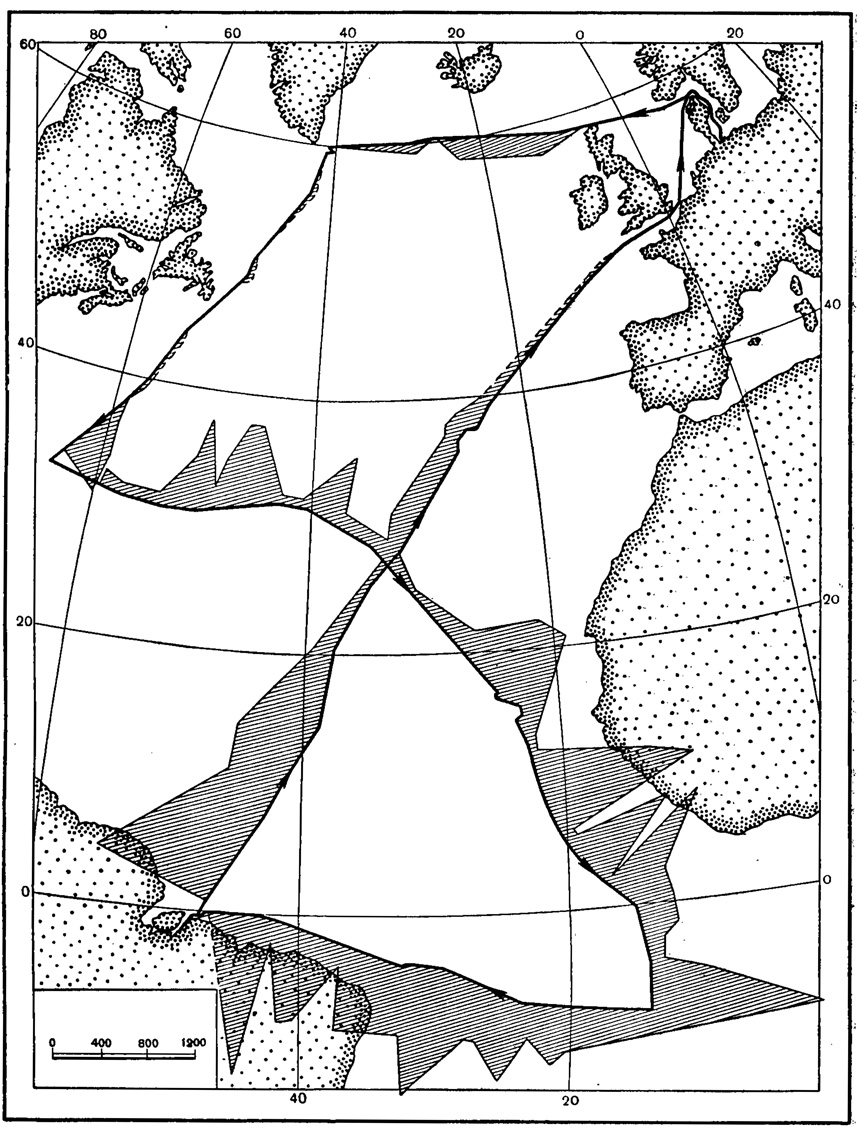 Рис. 42. Графическое изображение изменения числа видов акантарий в Атлантическом океане. Ширина заштрихованной полосы показывает число видов из расчета 3 вида на 2 мм (Popofsky, 1904)